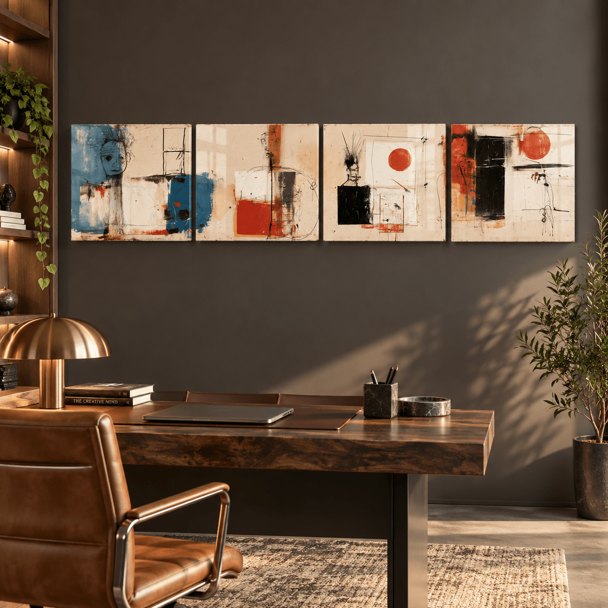 4-panel abstract art with red sun motif above a walnut desk in a home office
